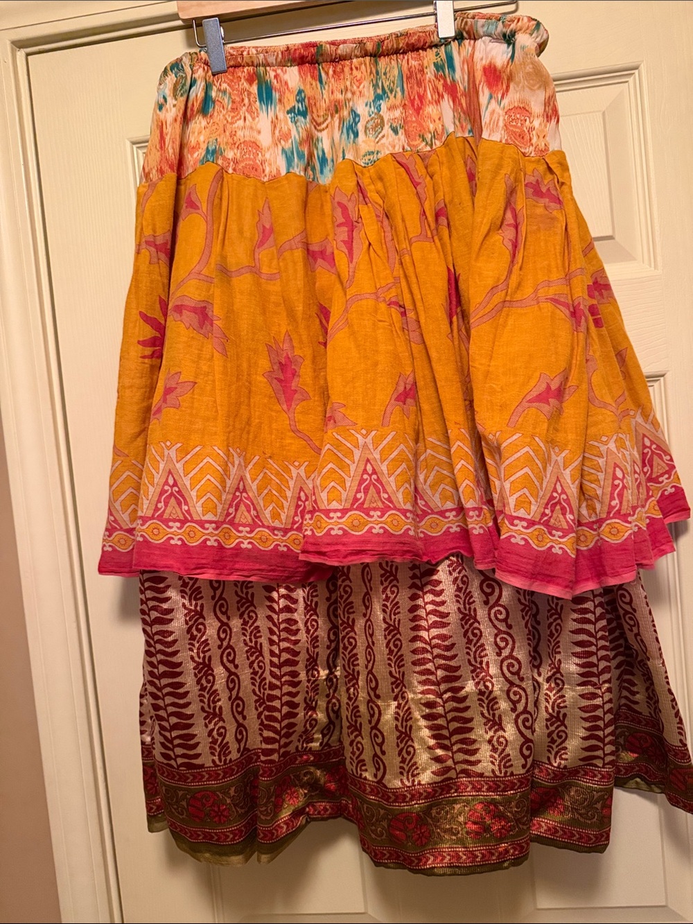 Boho Tiered Maxi Skirt in Mustard with Pink Accents